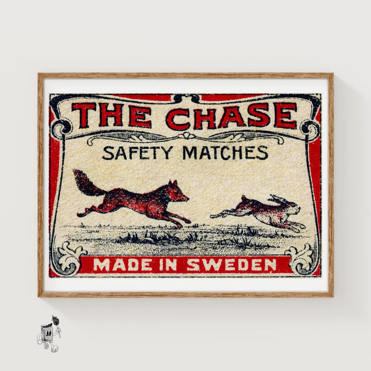 Fox Chasing Rabbit - vintage matchbox label print
