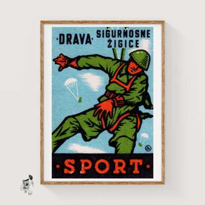 Parachuting Soldier - vintage matchbox label print