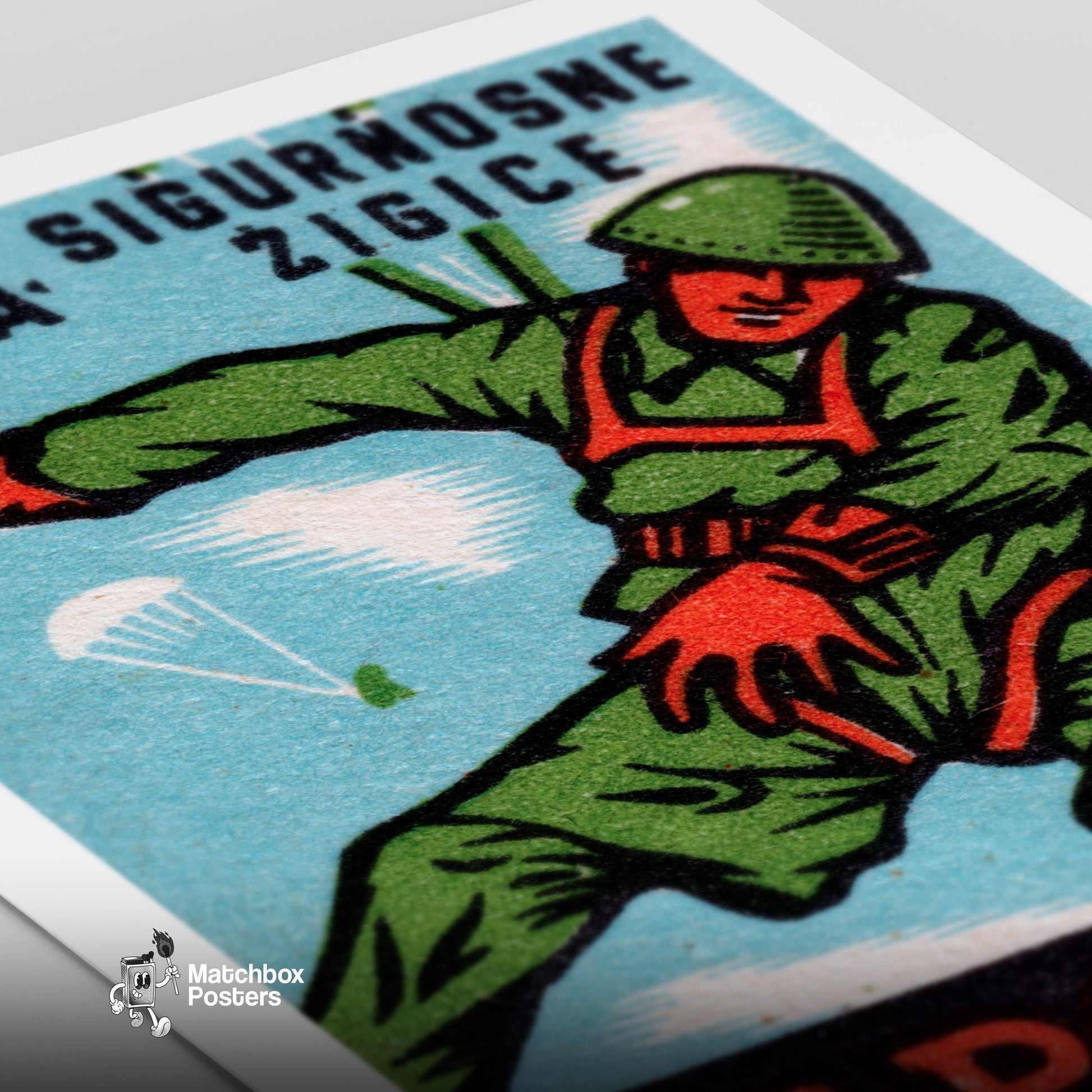 Parachuting Soldier - vintage matchbox label print - close-up detail
