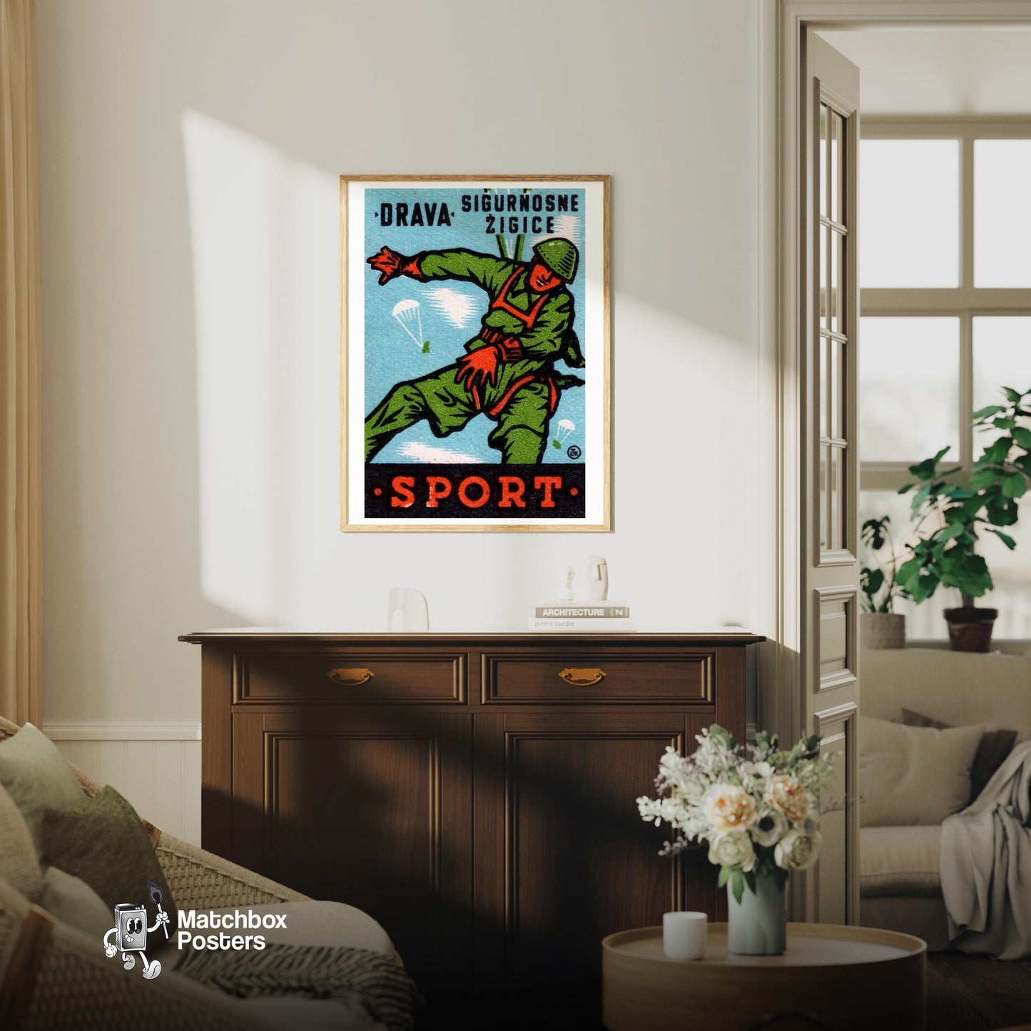 Parachuting Soldier - vintage matchbox label print - living room mockup