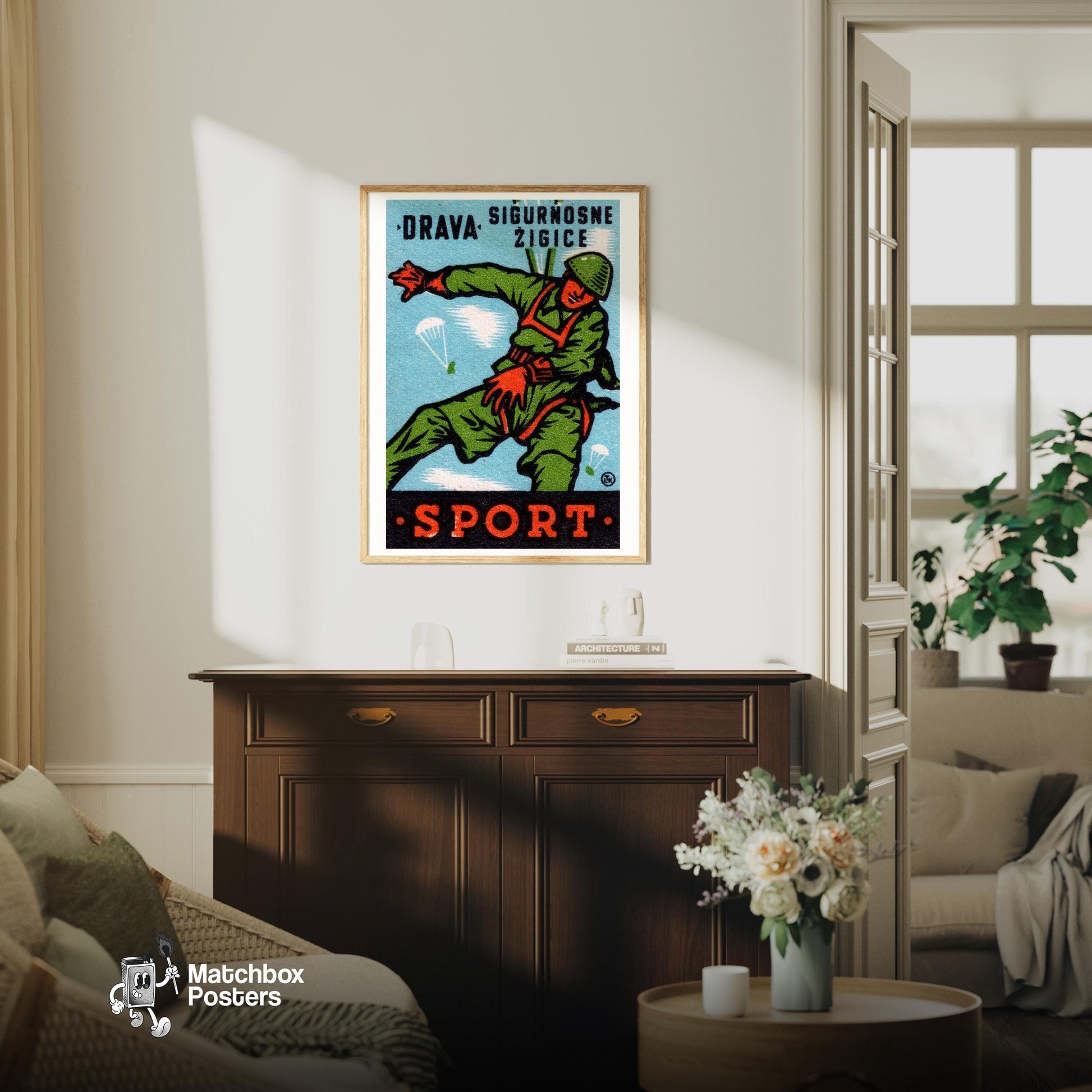 Parachuting Soldier - vintage matchbox label print - living room mockup