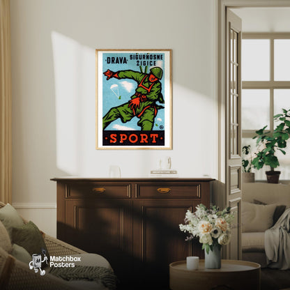 Parachuting Soldier - vintage matchbox label print - living room mockup