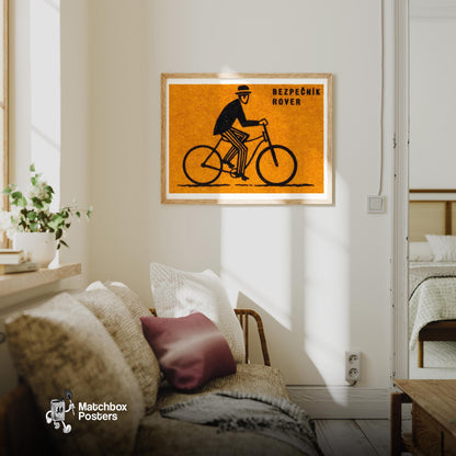 Cyclist - vintage matchbox label print - living room mockup