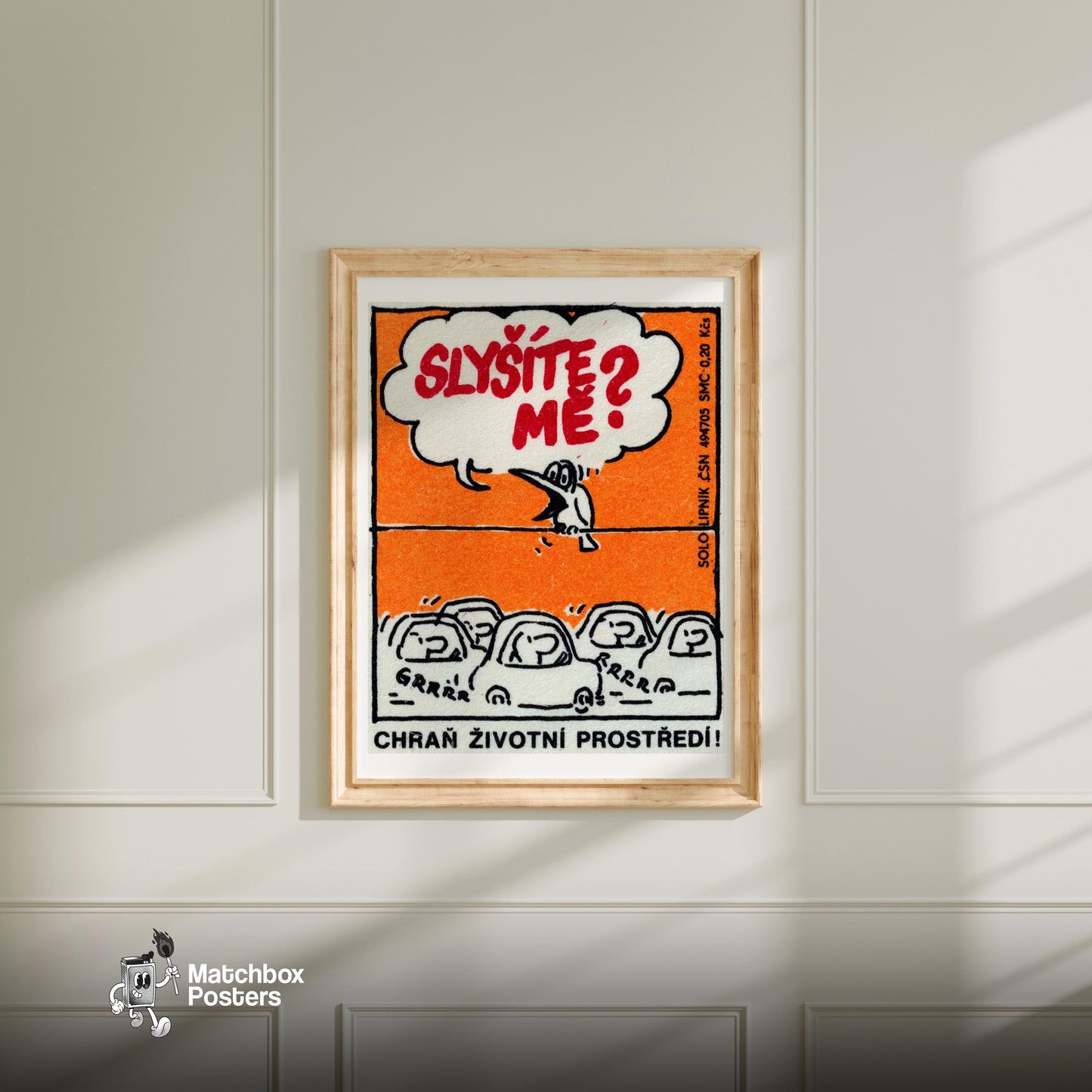 Cartoon Bird Speaking From A Wire - vintage matchbox label print - bedroom mockup
