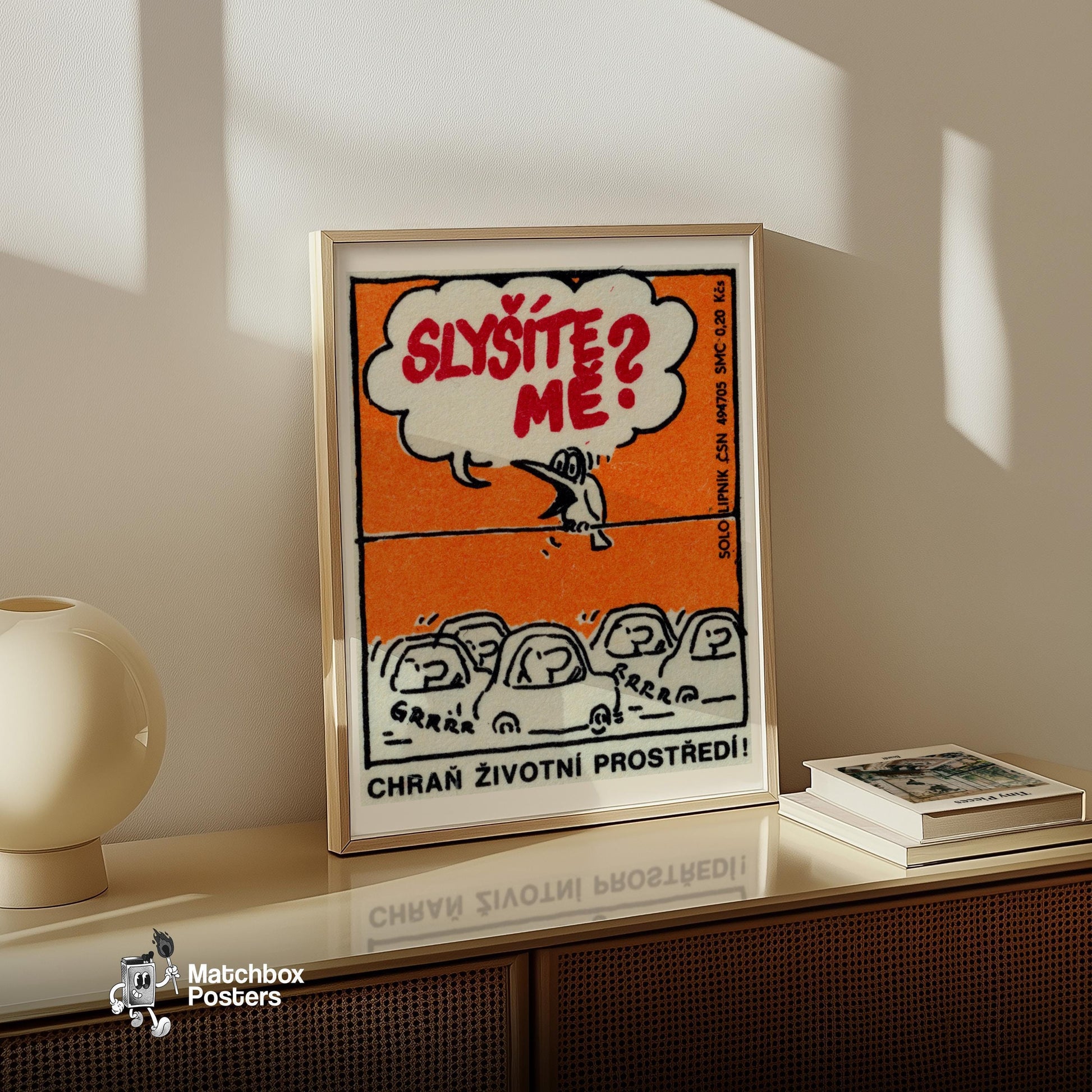 Cartoon Bird Speaking From A Wire - vintage matchbox label print - size comparison