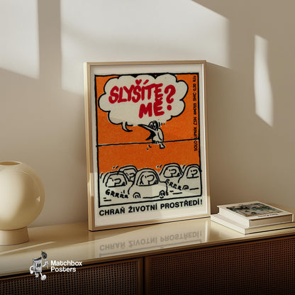 Cartoon Bird Speaking From A Wire - vintage matchbox label print - size comparison