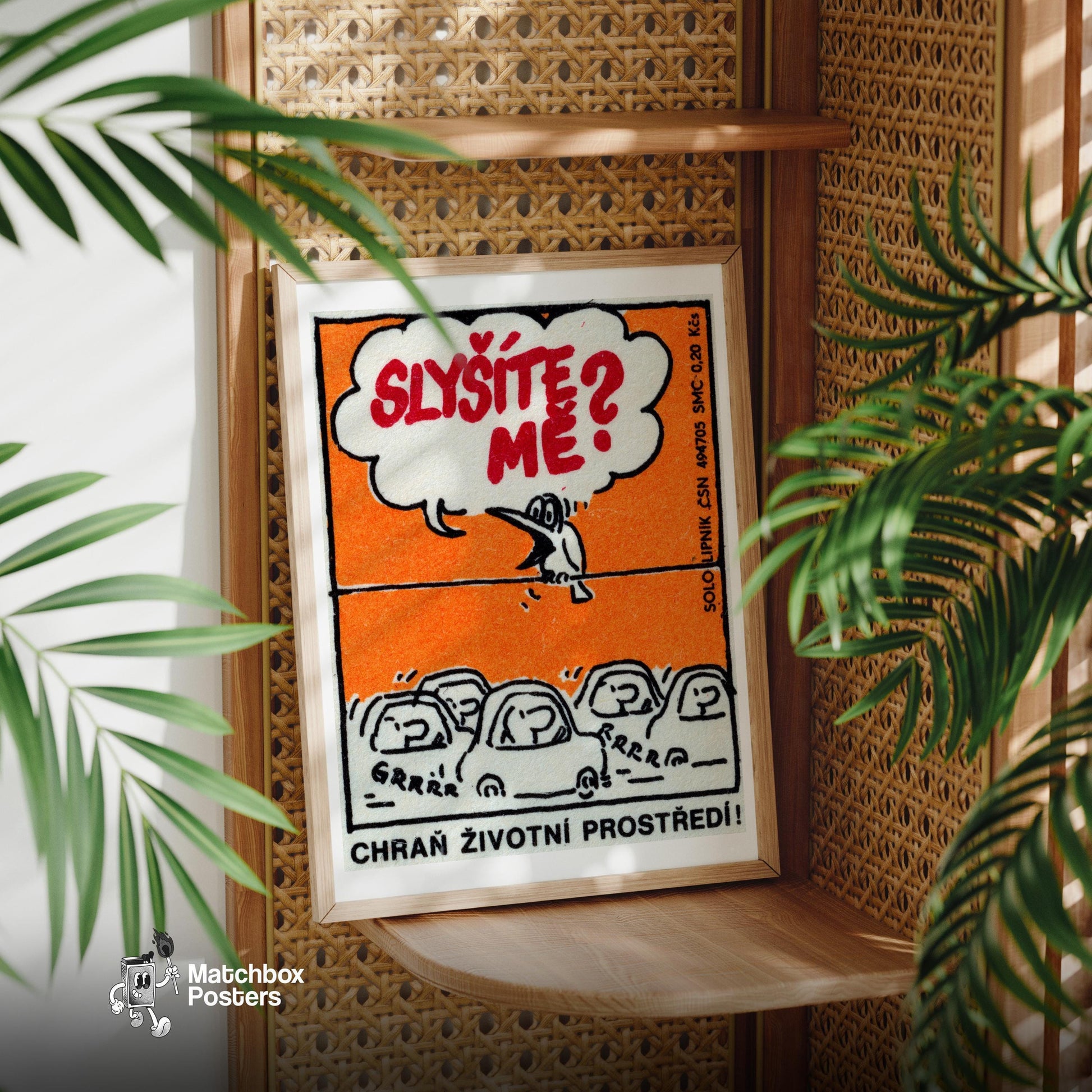 Cartoon Bird Speaking From A Wire - vintage matchbox label print - office wall