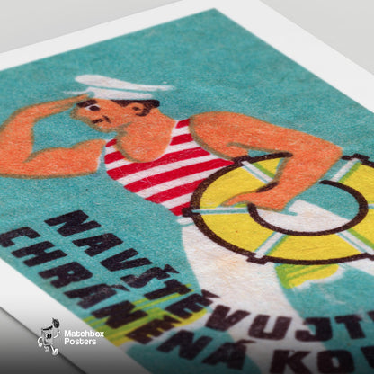 Sailor with Lifebuoy - vintage matchbox label print - close-up detail
