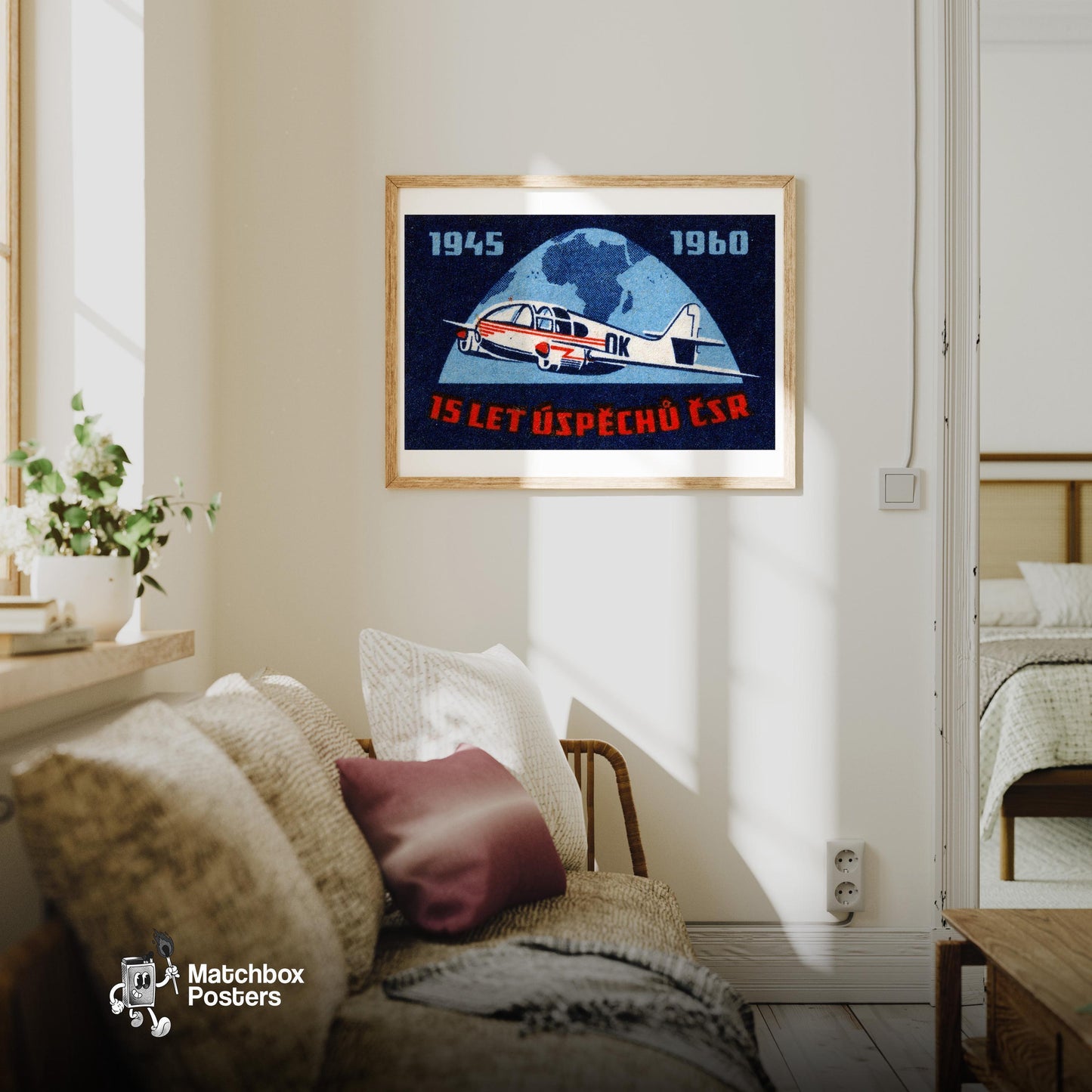 Aeroplane - vintage matchbox label print - living room mockup