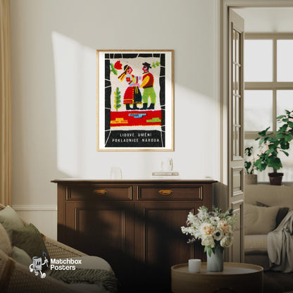 Folk Dancers - vintage matchbox label print - living room mockup