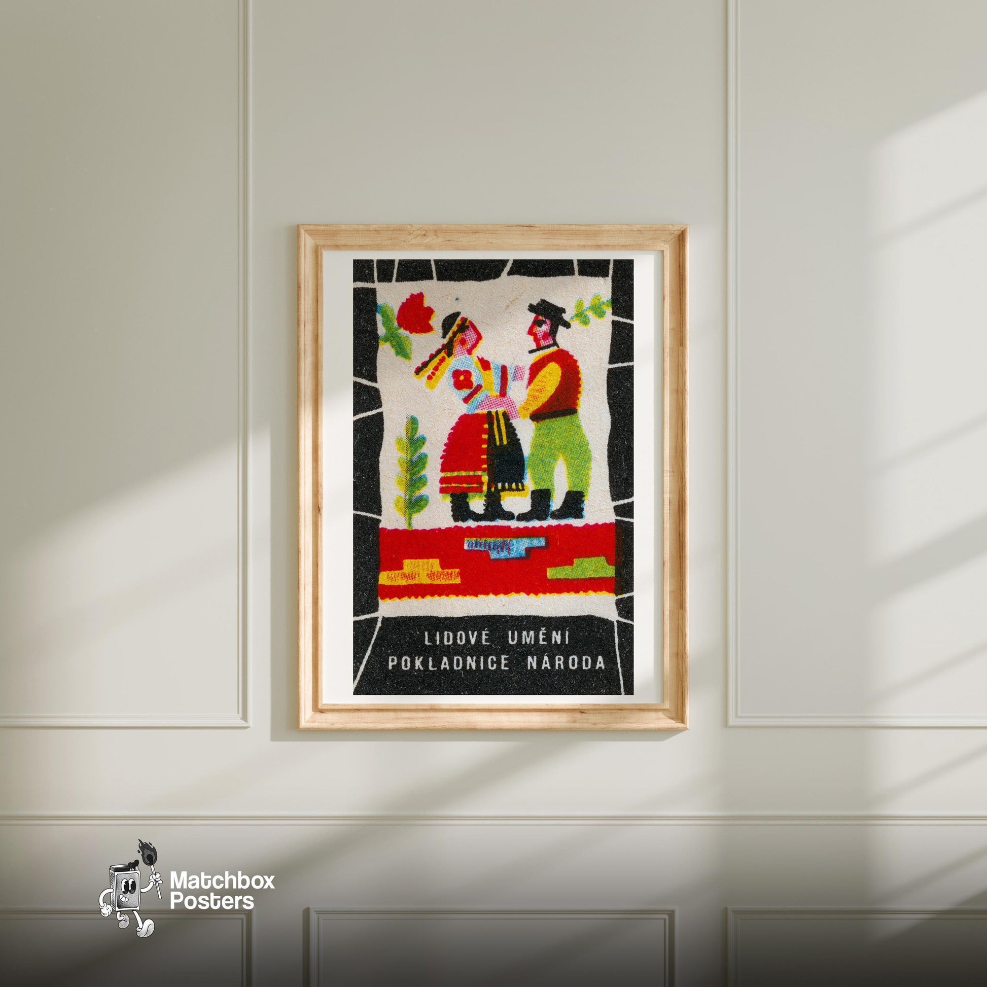 Folk Dancers - vintage matchbox label print - bedroom mockup