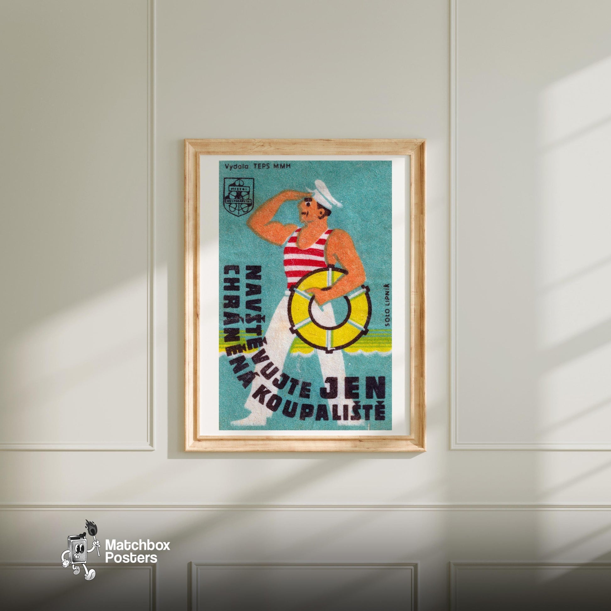Sailor with Lifebuoy - vintage matchbox label print - bedroom mockup