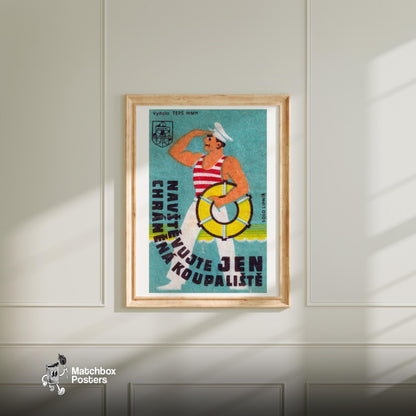 Sailor with Lifebuoy - vintage matchbox label print - bedroom mockup