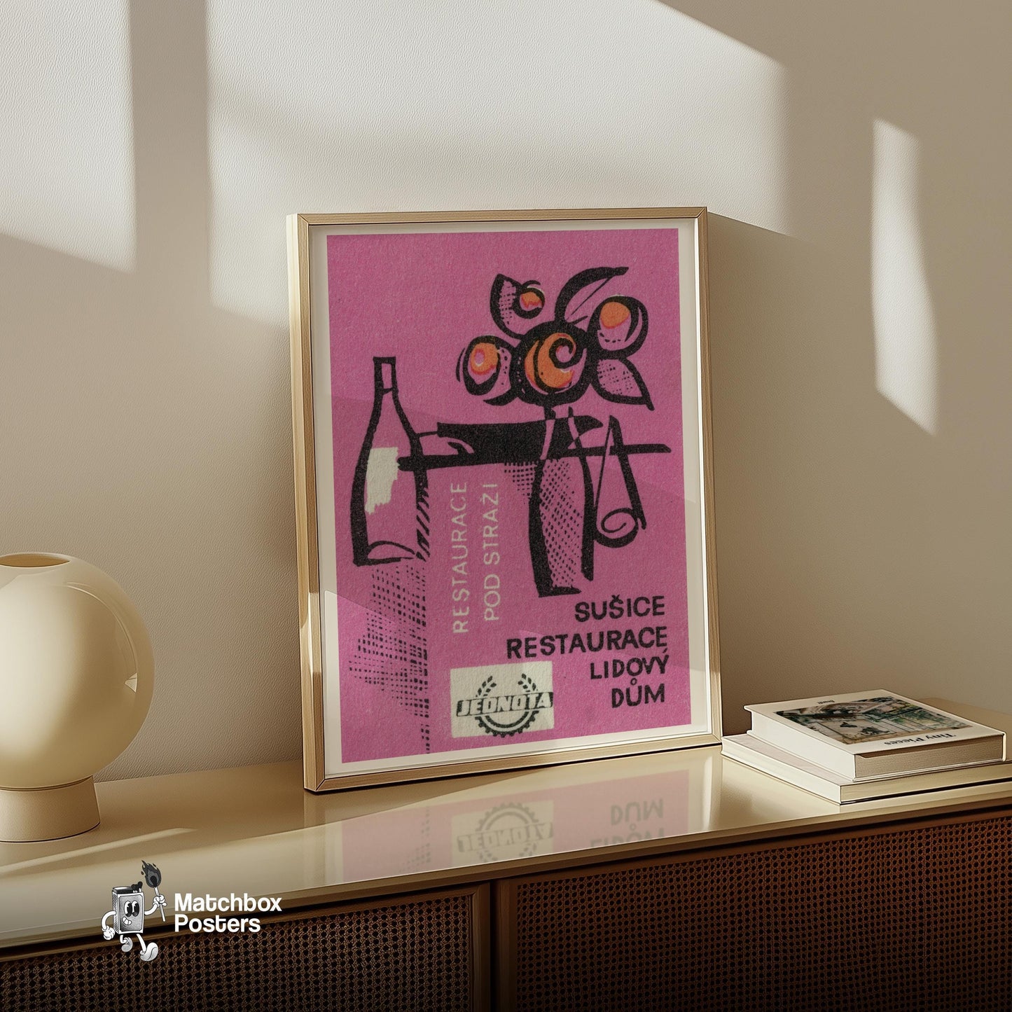 Bottle and Fruit - vintage matchbox label print - size comparison