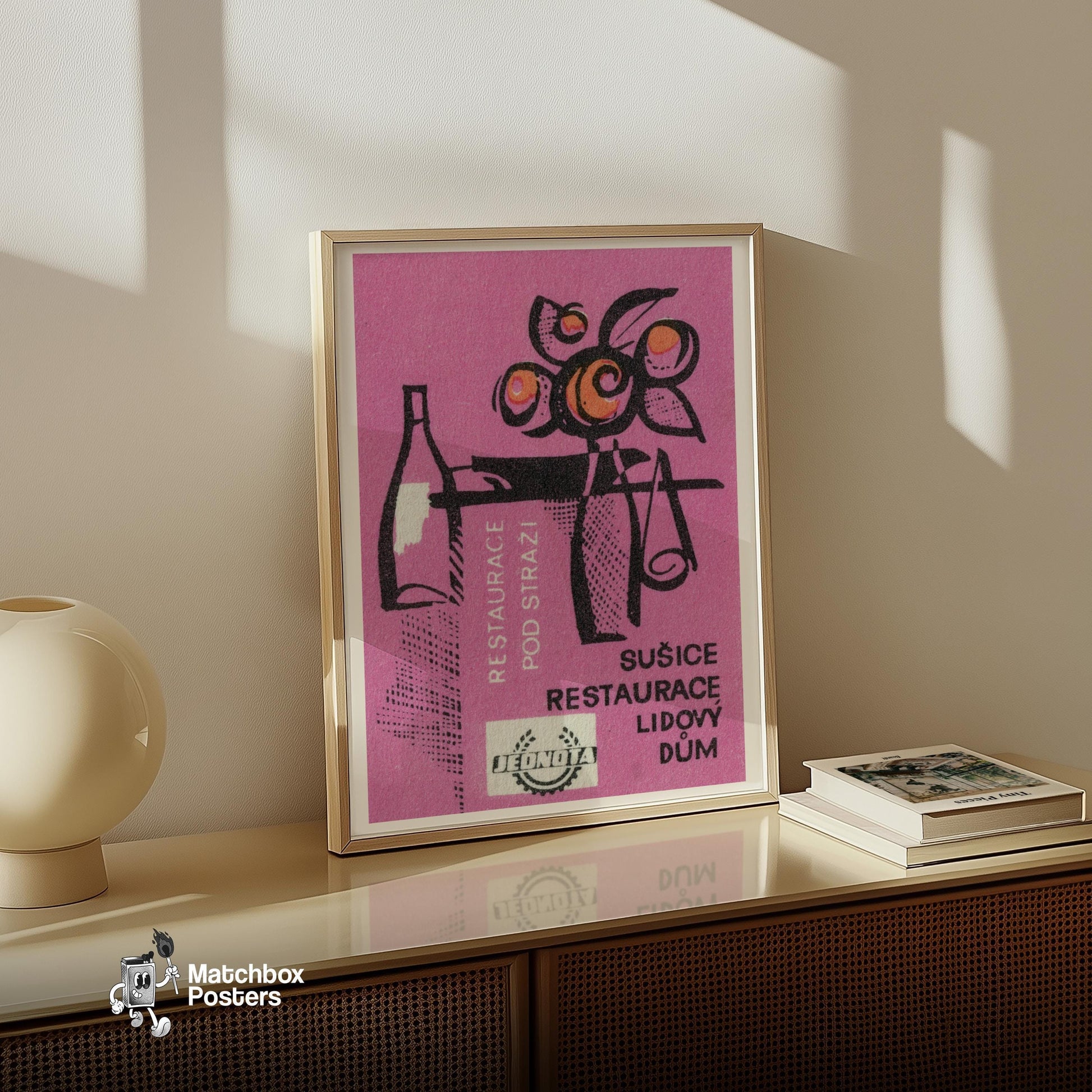 Bottle and Fruit - vintage matchbox label print - size comparison