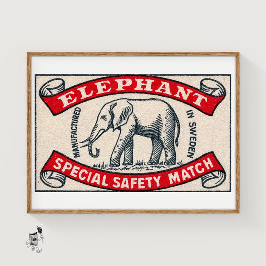 Elephant - vintage matchbox label print