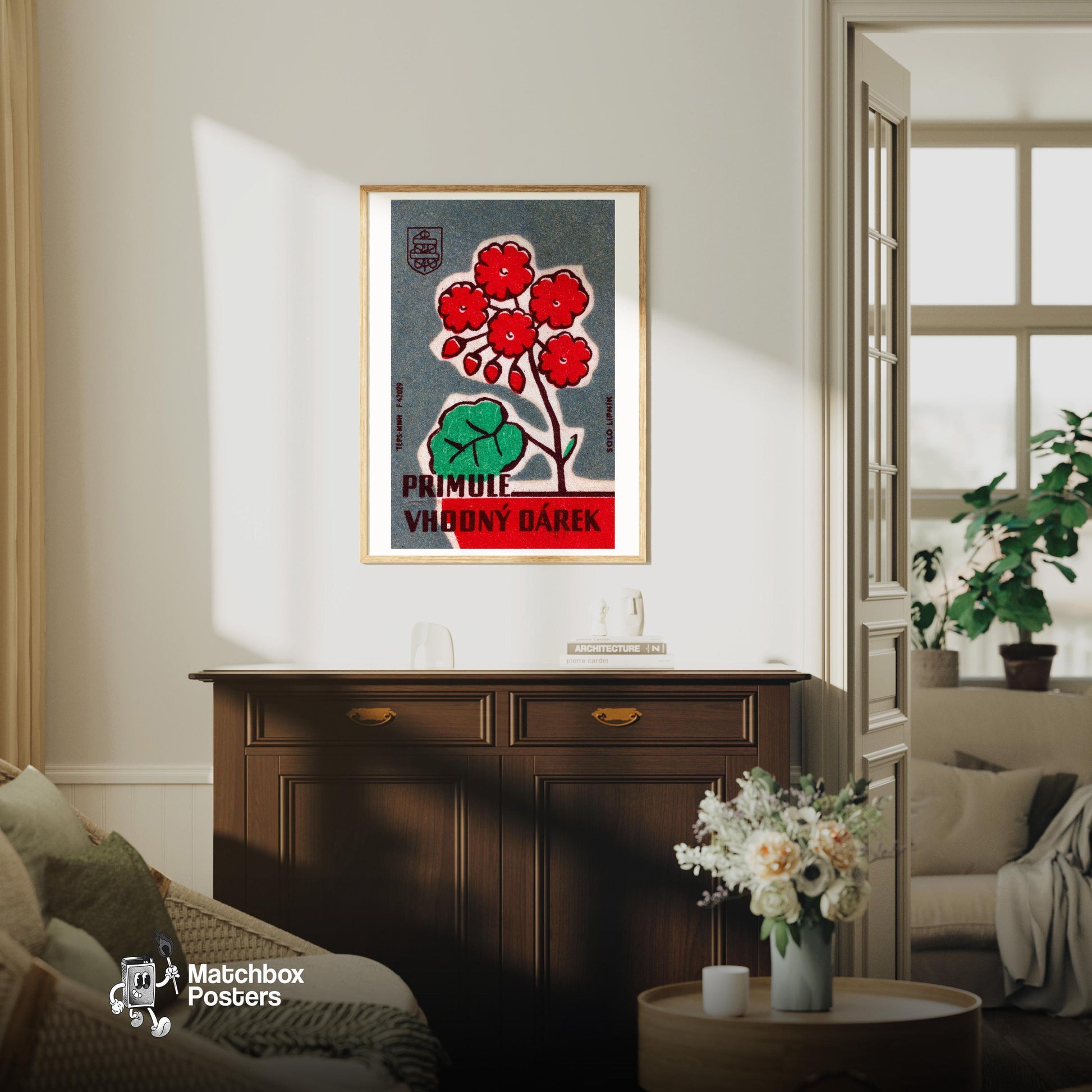 Vintage Red Flowers Art Print - Sierra Leone - vintage matchbox label print - living room mockup