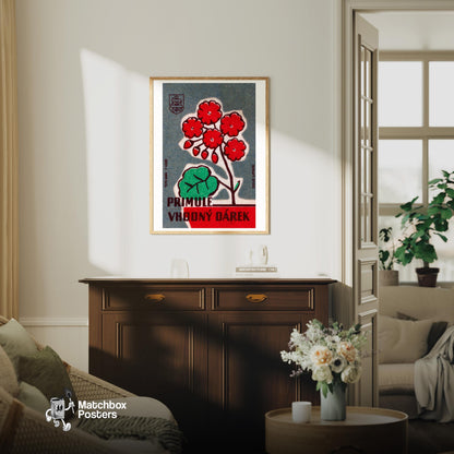 Vintage Red Flowers Art Print - Sierra Leone - vintage matchbox label print - living room mockup