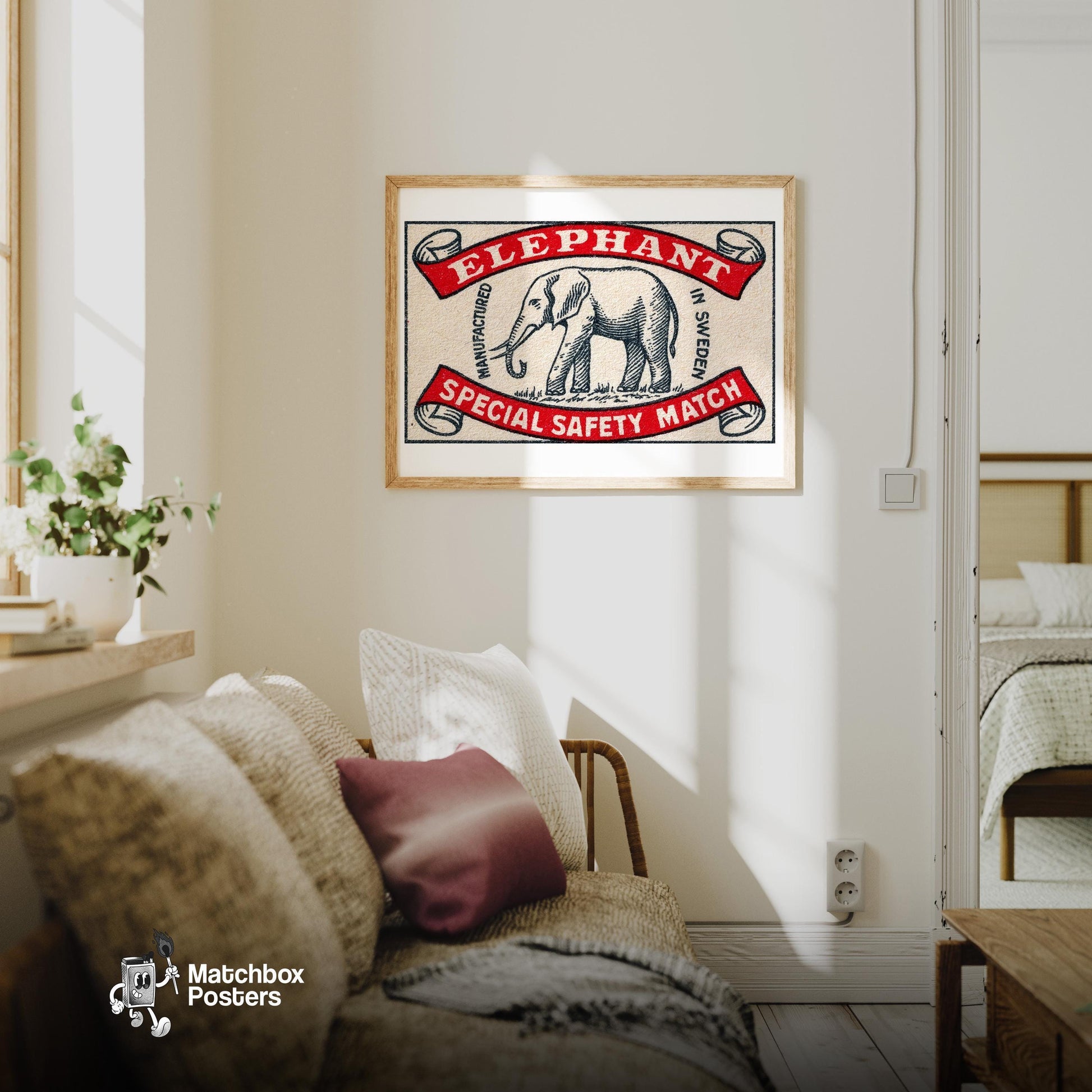 Elephant - vintage matchbox label print - living room mockup