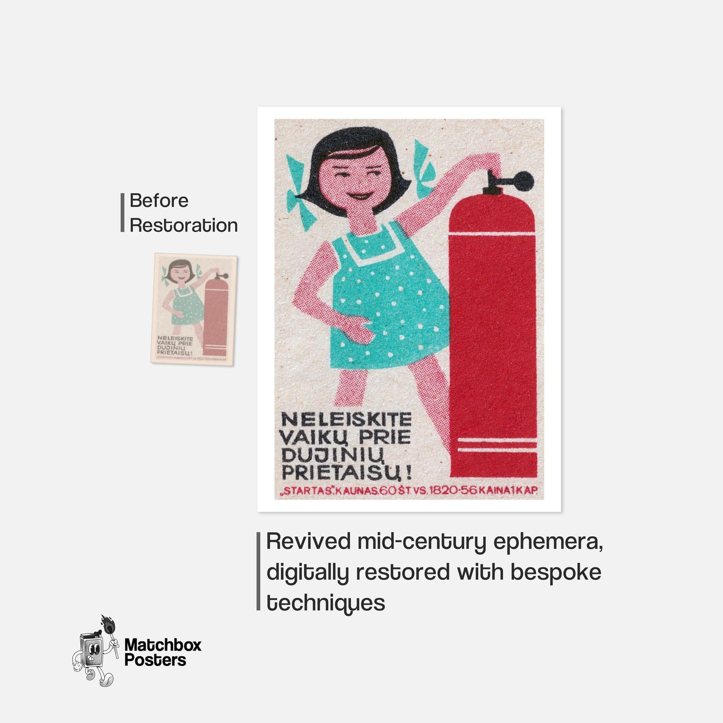 Girl with Gas Cylinder - vintage matchbox label print - framed wall art preview