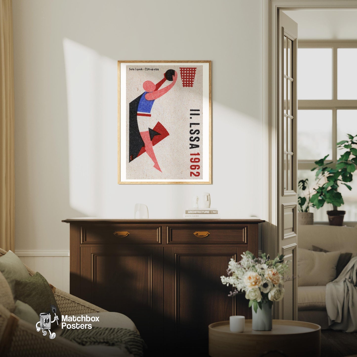 Basketball Player - vintage matchbox label print - living room mockup