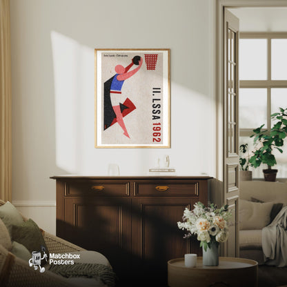Basketball Player - vintage matchbox label print - living room mockup