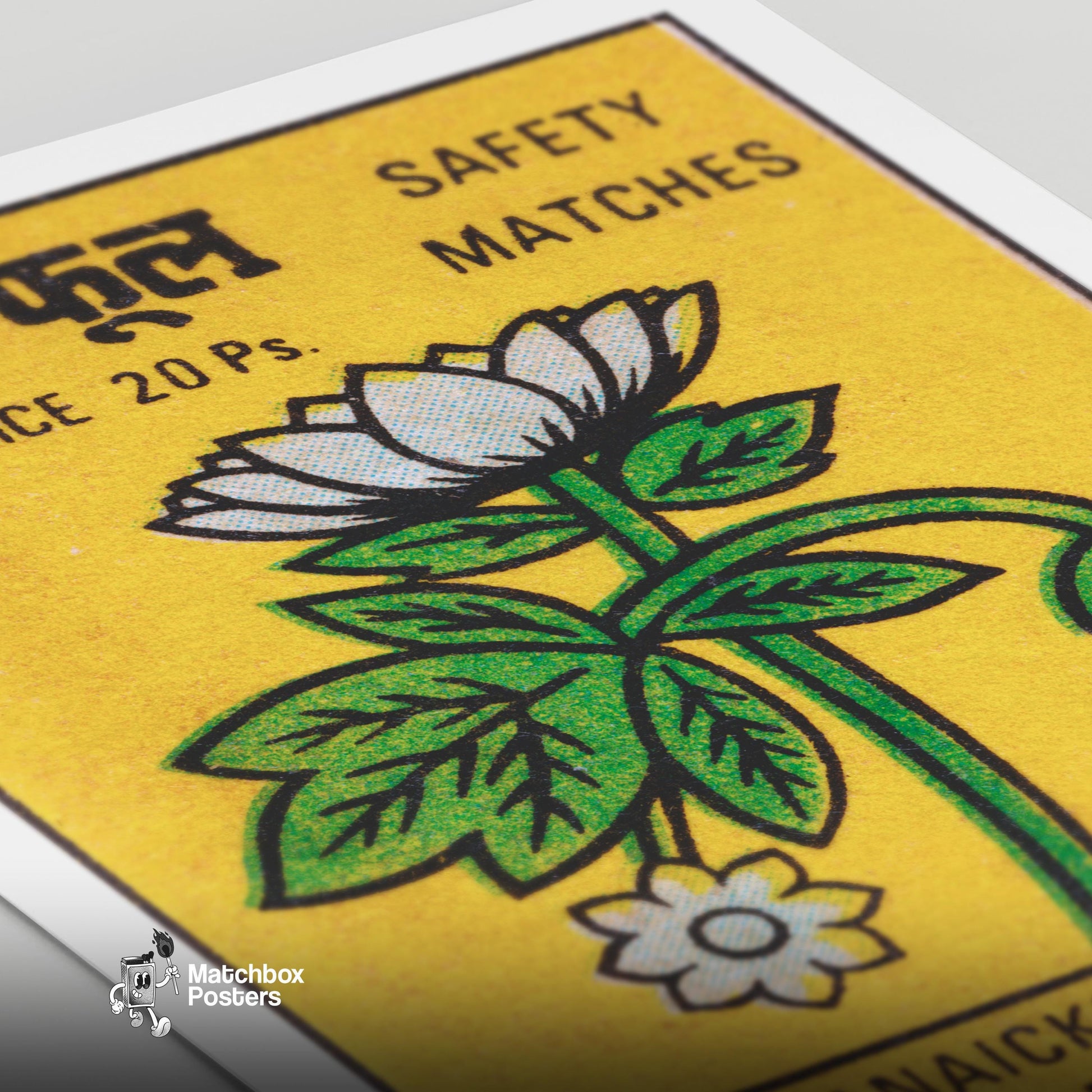 White Flowers - vintage matchbox label print - close-up detail