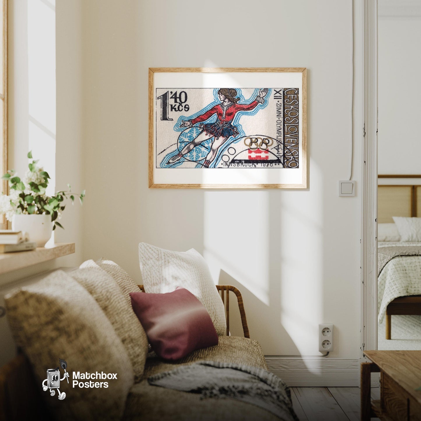 Czech Ice Skater - vintage matchbox label print - living room mockup