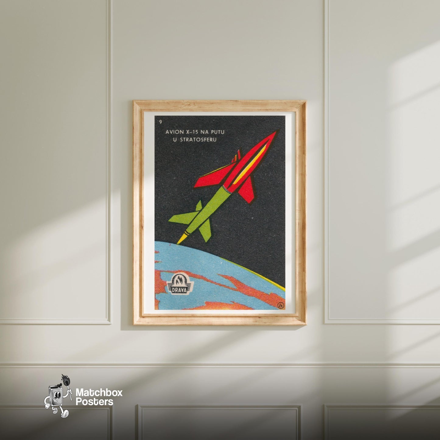 Rocket in Space - vintage matchbox label print - bedroom mockup
