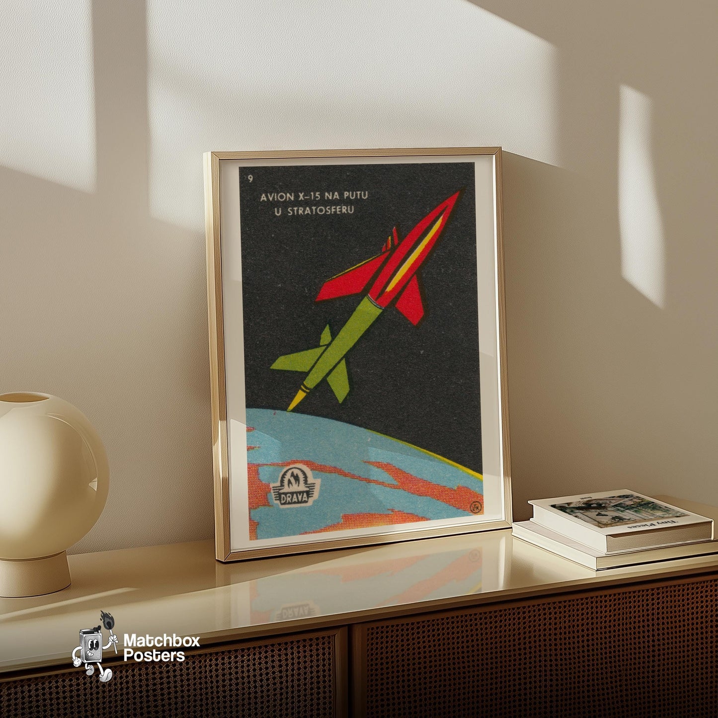 Rocket in Space - vintage matchbox label print - size comparison
