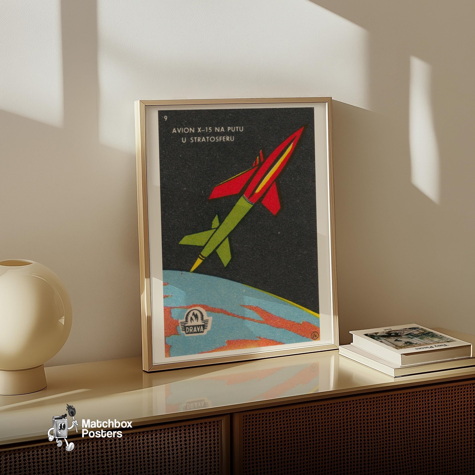 Rocket in Space - vintage matchbox label print - size comparison