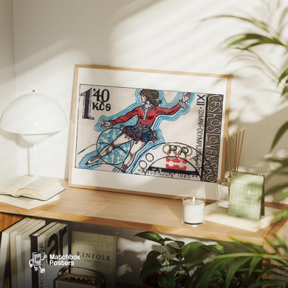 Czech Ice Skater - vintage matchbox label print - office wall
