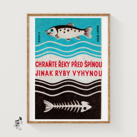 Fish and Skeleton - vintage matchbox label print