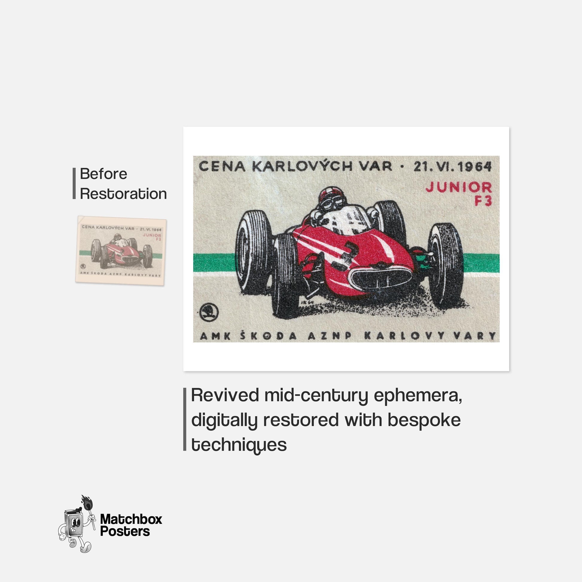 Red Racing Car - vintage matchbox label print - framed wall art preview