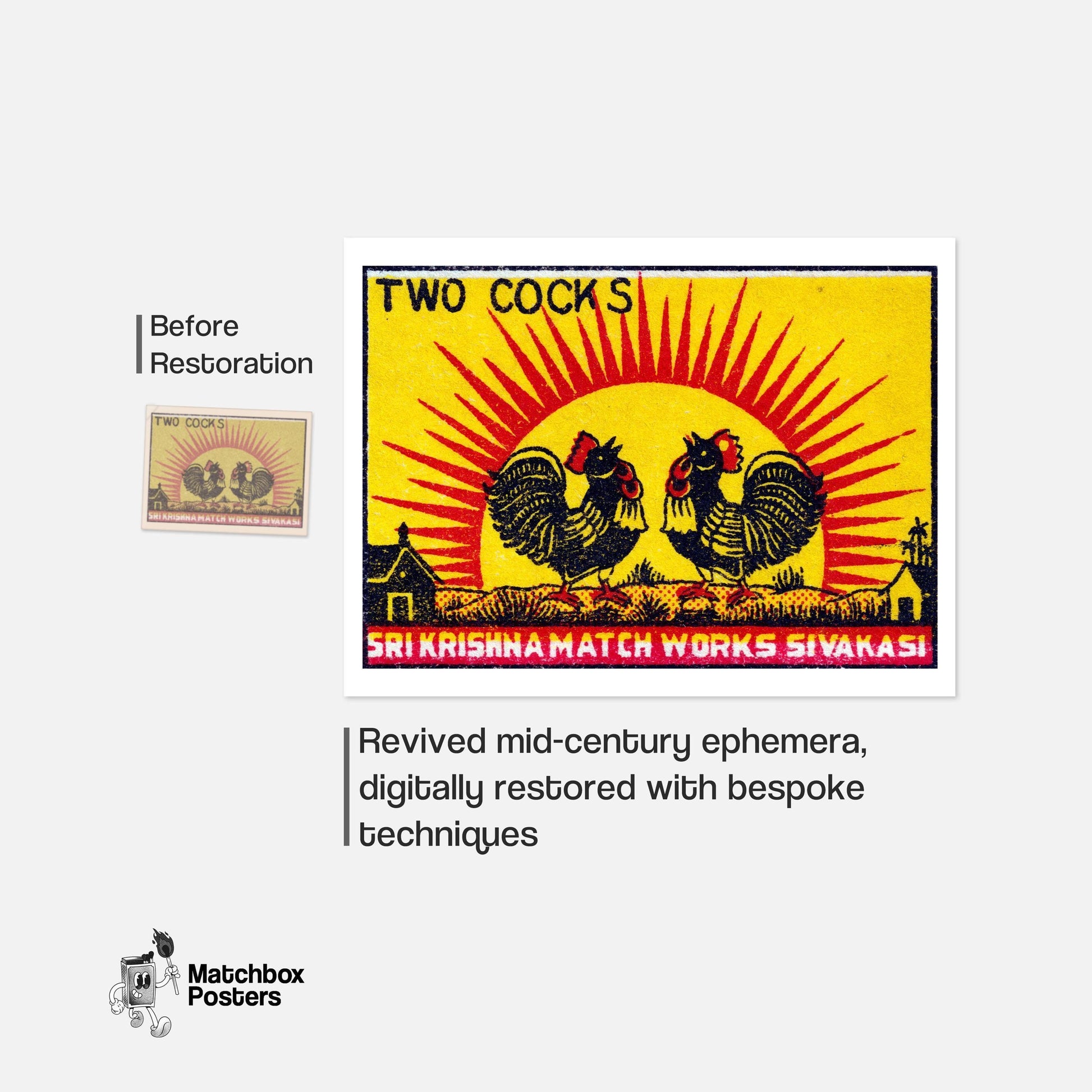 Two Roosters - vintage matchbox label print - framed wall art preview