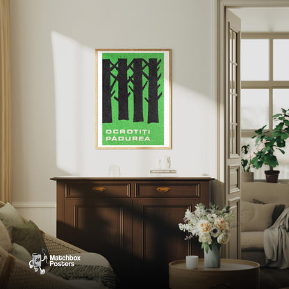 Protect the Forest - vintage matchbox label print - living room mockup