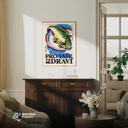 Green Fish - vintage matchbox label print - living room mockup