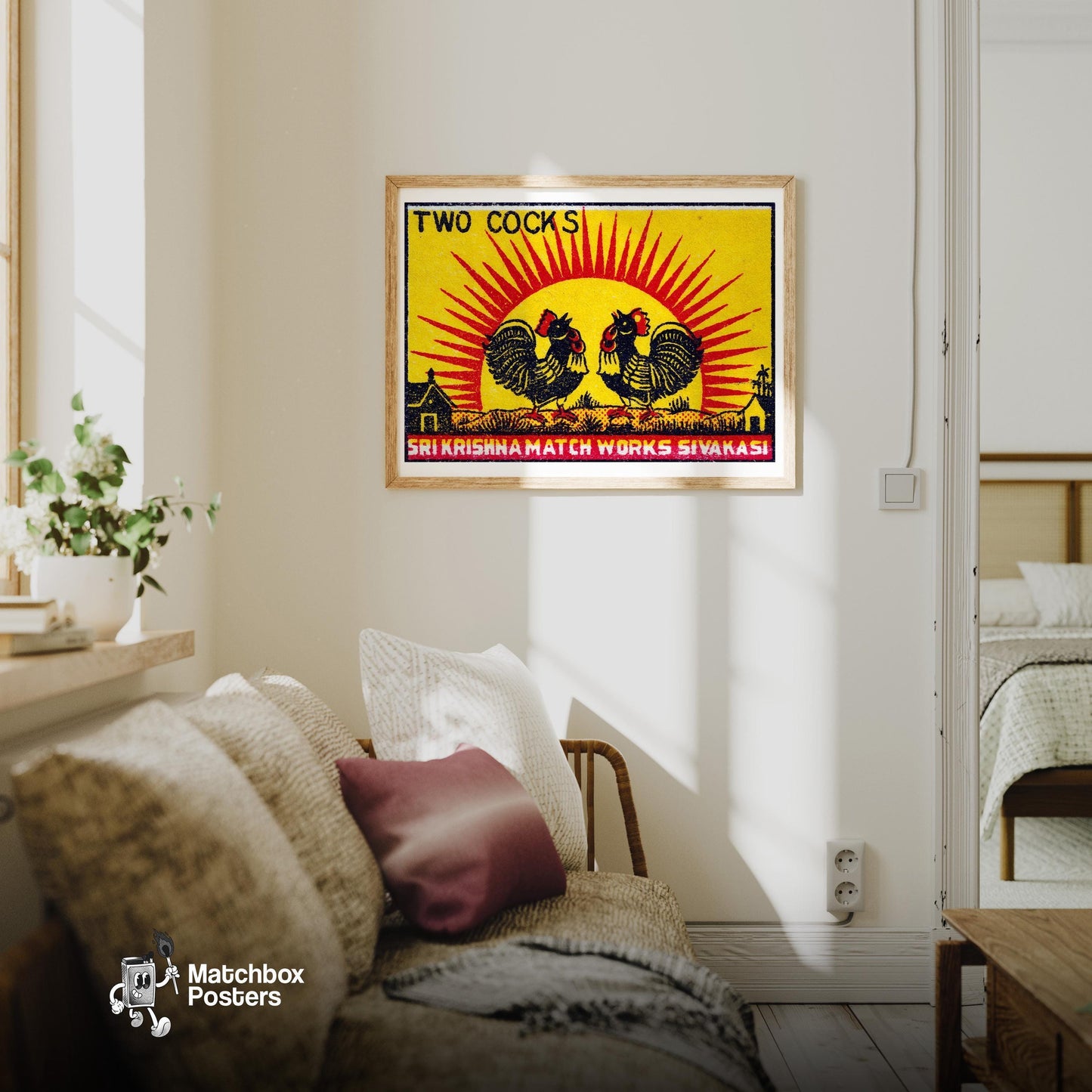 Two Roosters - vintage matchbox label print - living room mockup
