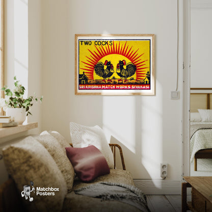 Two Roosters - vintage matchbox label print - living room mockup