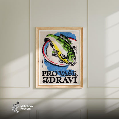 Green Fish - vintage matchbox label print - bedroom mockup