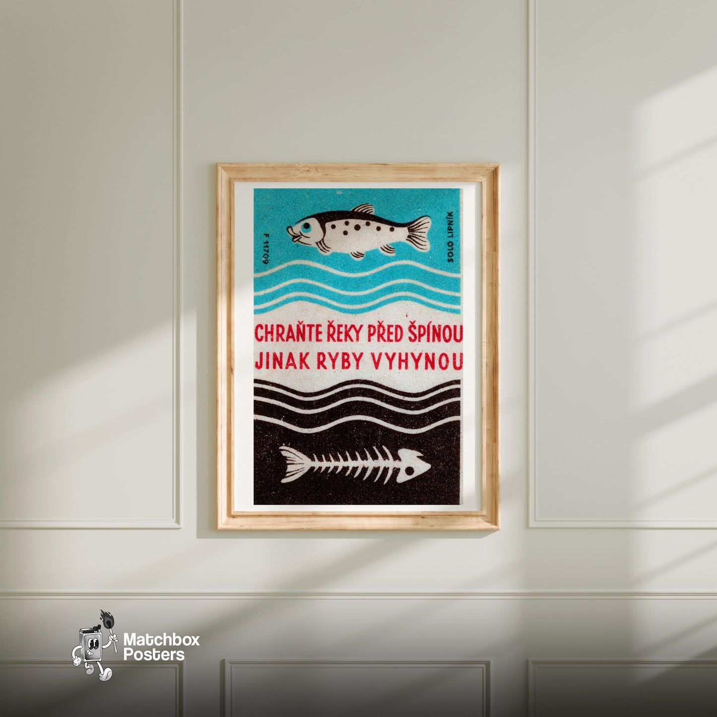Fish and Skeleton - vintage matchbox label print - bedroom mockup