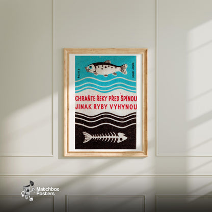 Fish and Skeleton - vintage matchbox label print - bedroom mockup