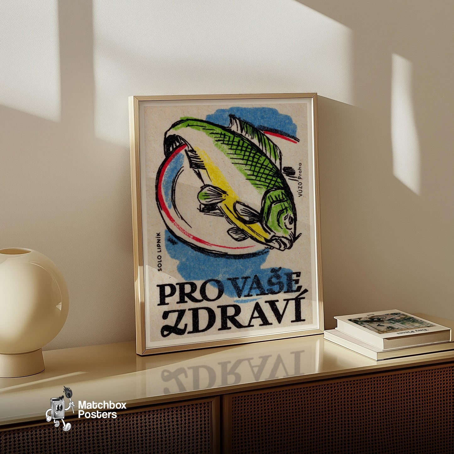 Green Fish - vintage matchbox label print - size comparison