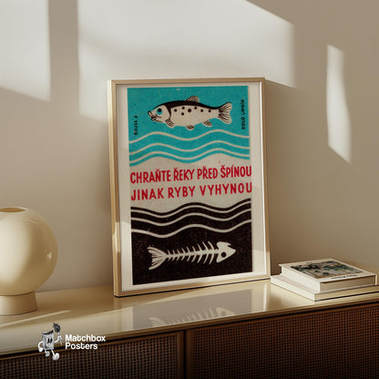 Fish and Skeleton - vintage matchbox label print - size comparison