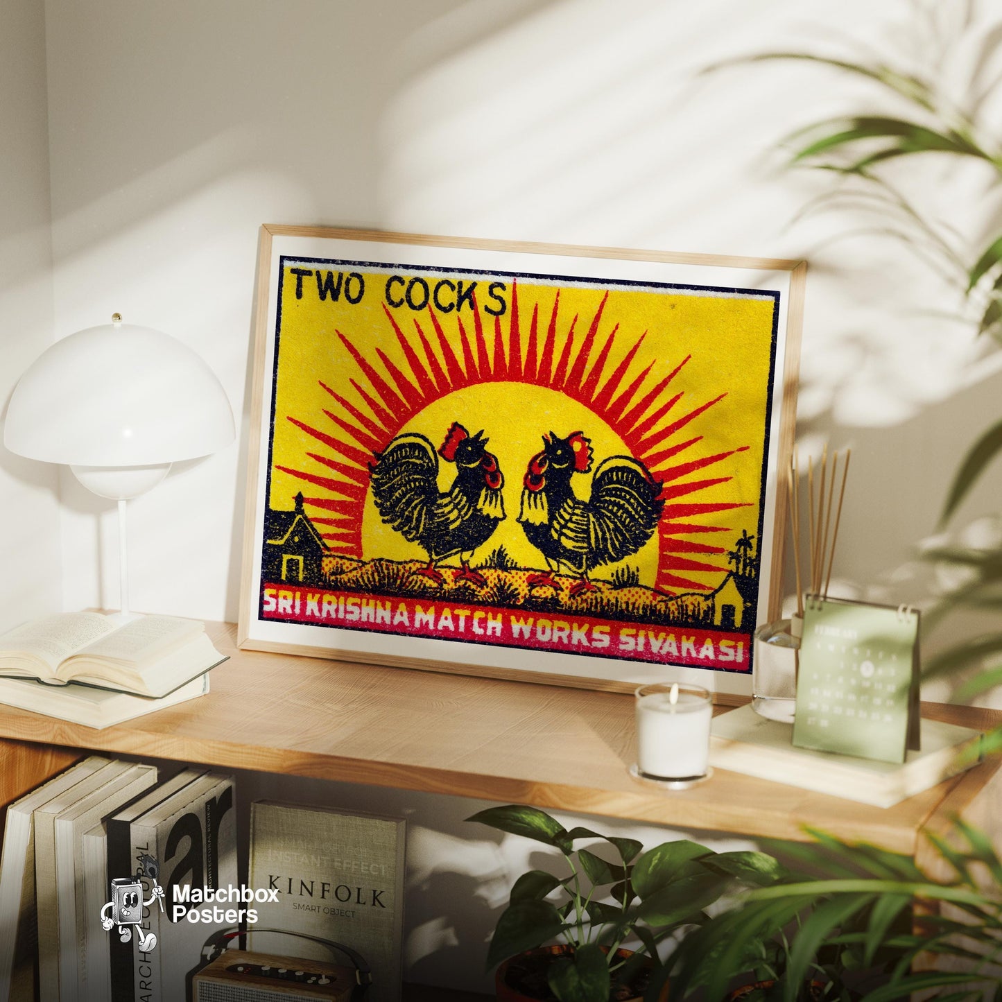 Two Roosters - vintage matchbox label print - office wall
