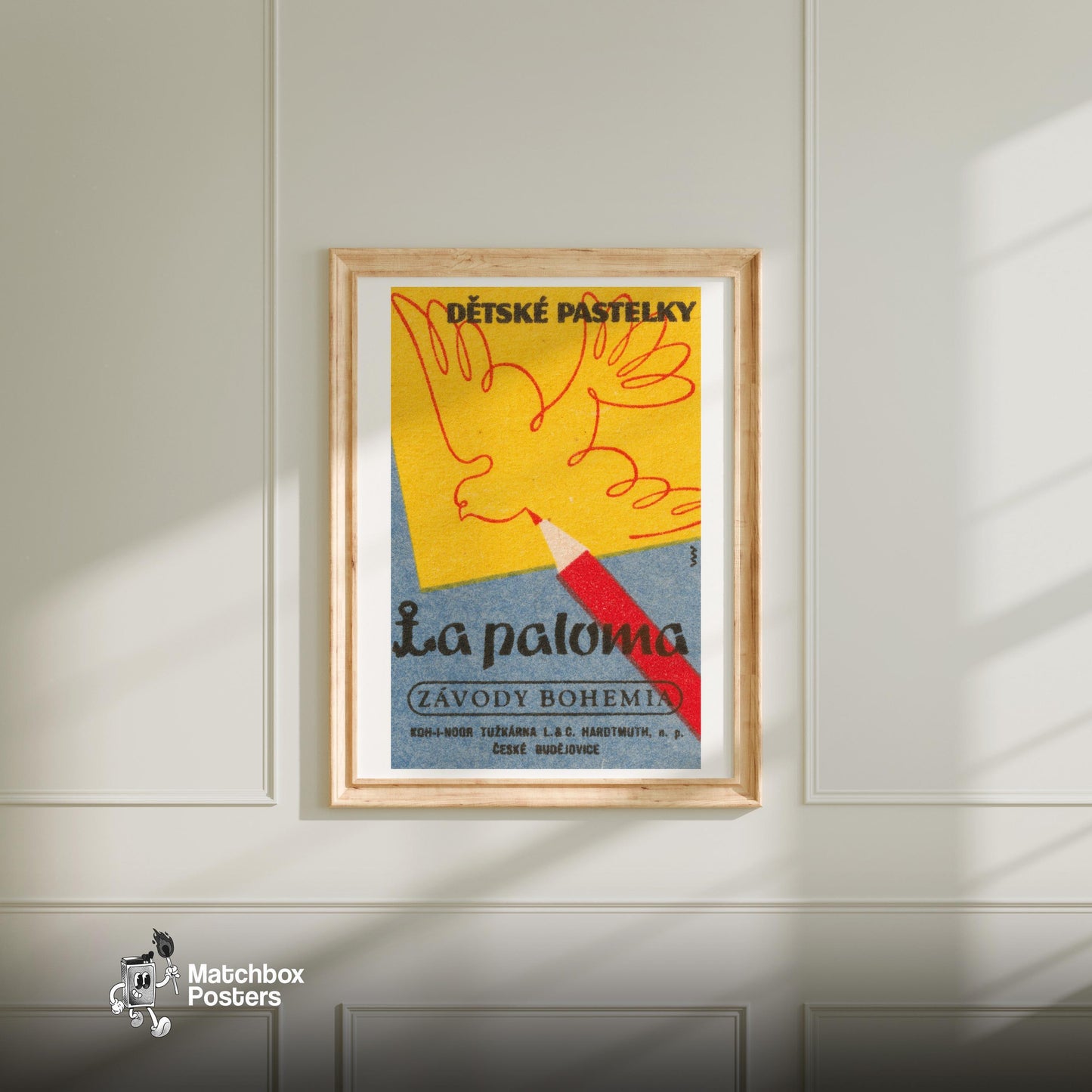 Yellow Dove - vintage matchbox label print - bedroom mockup