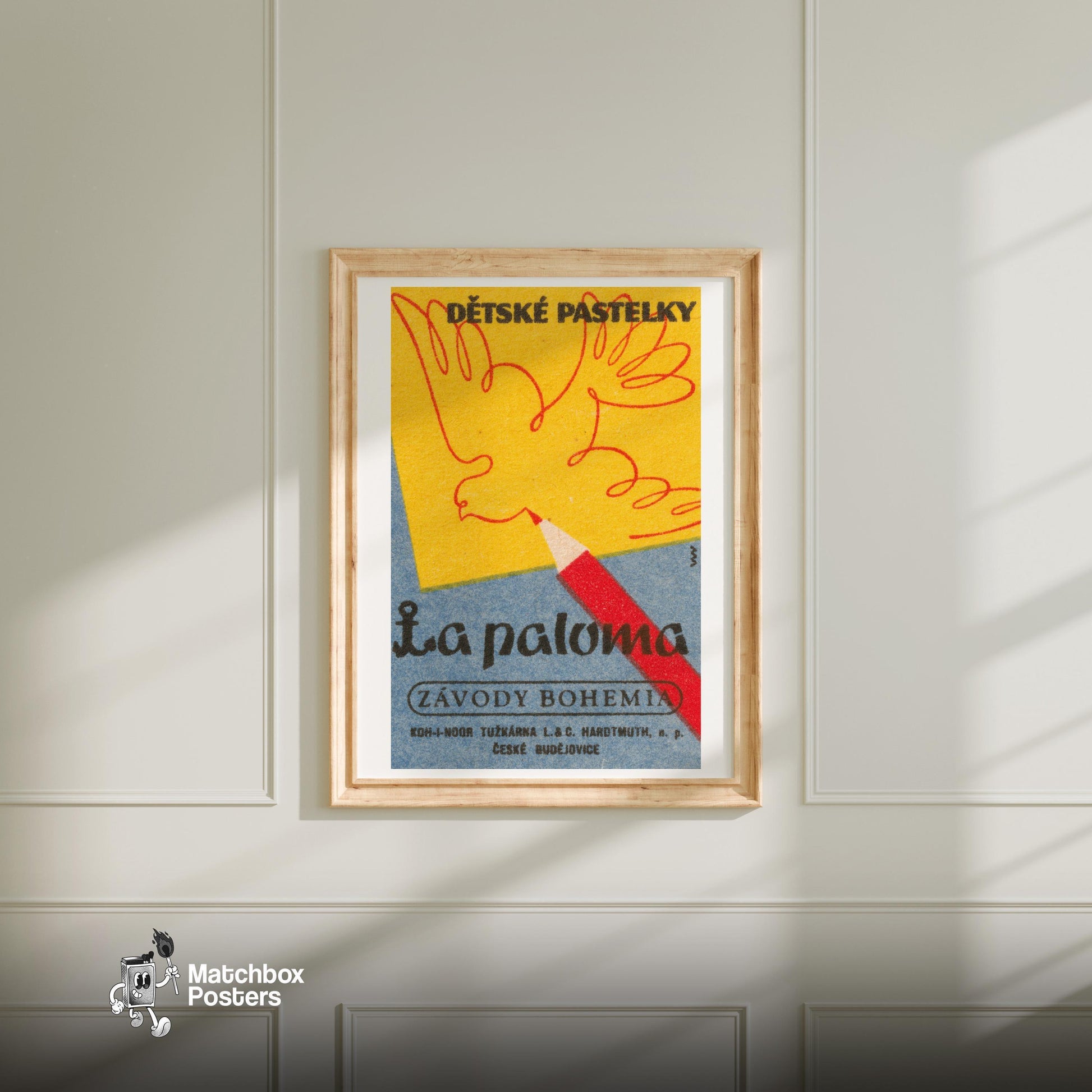 Yellow Dove - vintage matchbox label print - bedroom mockup