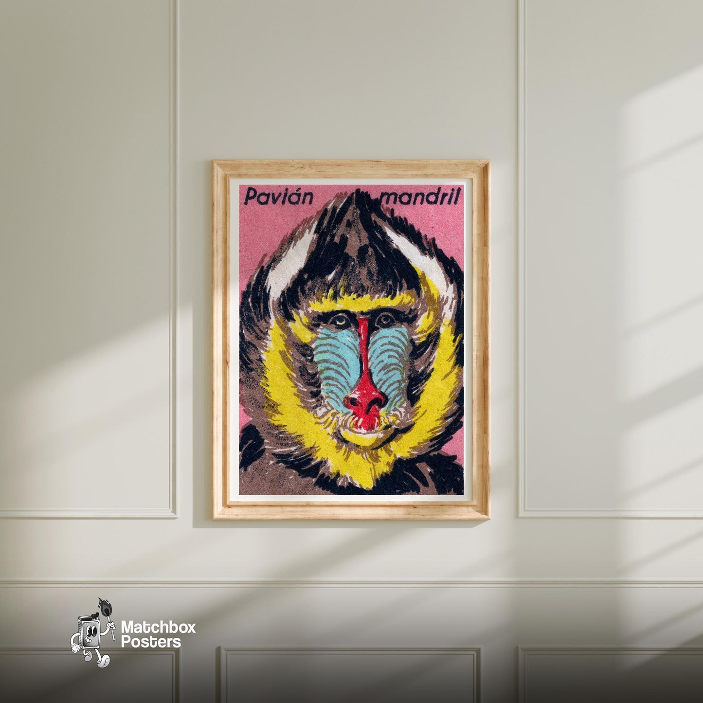 Mandrill - vintage matchbox label print - bedroom mockup
