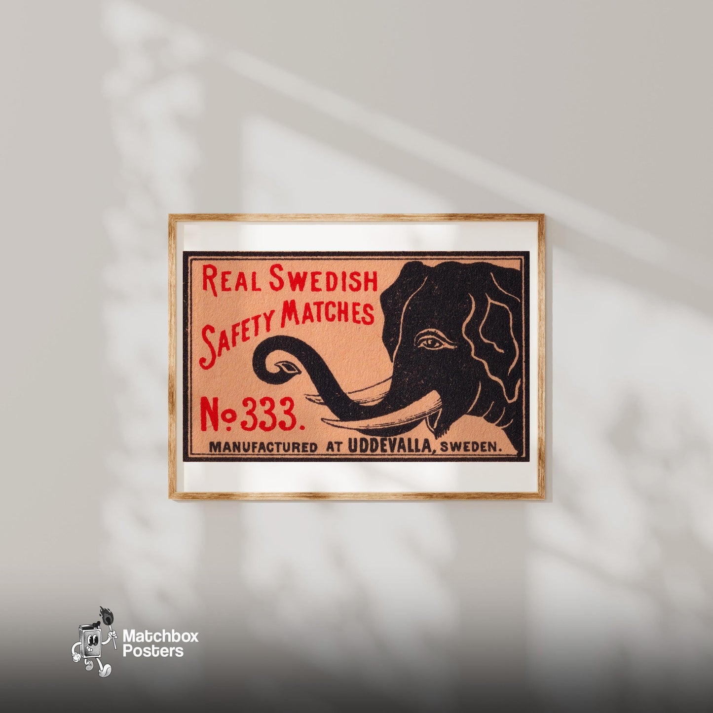 Black Elephant - vintage matchbox label print - bedroom mockup