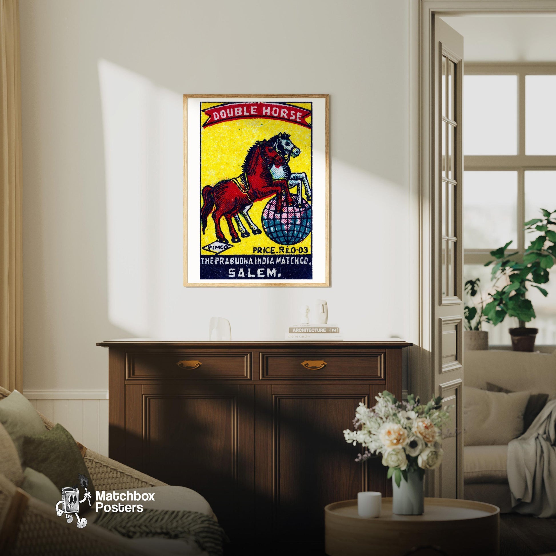 Double Horse - vintage matchbox label print - living room mockup